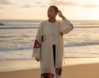 Handprinted Yin Yang Muslin Kimono Turkish Robe - Natural Dyes & Wood Mold Design, 100% Cotton, Towel, Dressing Gown, Caftan, Housecoat