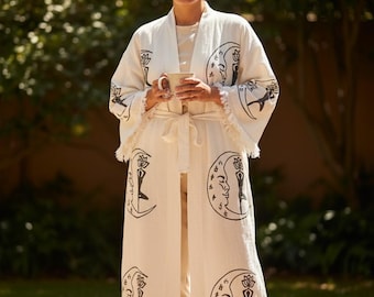 Muslin kimono-morgonrock - 100 % bomull, måneyoga-morgonrock och handduk, handgjord badrock, stentryckt kaftan, bohemisk andningsbar morgonrock, present