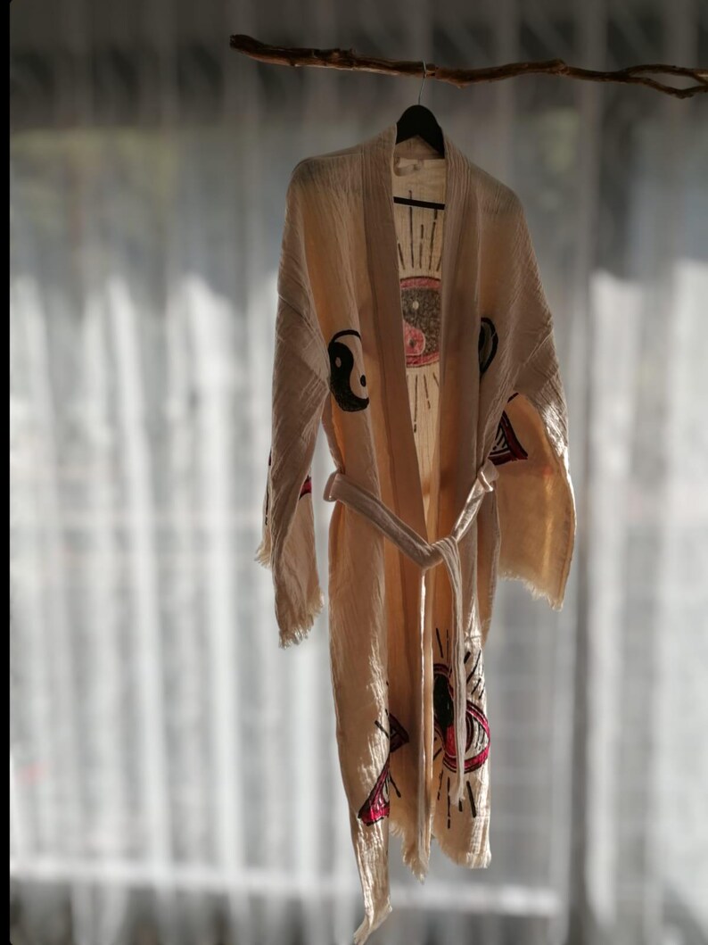Yin Yang Robe Handprinted Yin Yang Muslin Kimono Turkish Robe - Natural Dyes & Wood ...