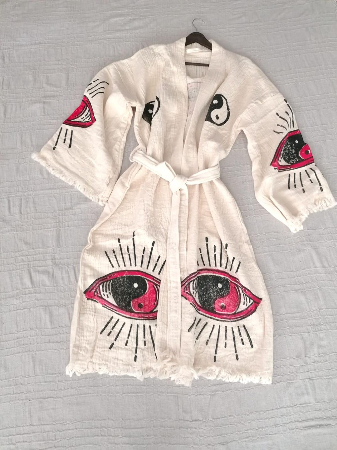 Yin Yang Robe Handprinted Yin Yang Muslin Kimono Turkish Robe - Natural Dyes & Wood ...