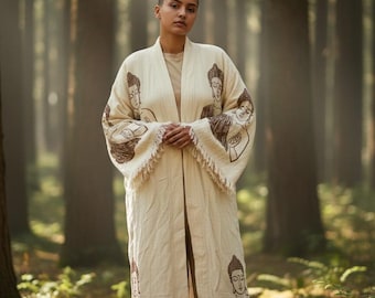 Muslin kimono-morgonrock - 100 % bomull Buddha-morgonrock och handduk, handgjord badrock, stentryckt kaftan, bohemisk andningsbar morgonrock, present