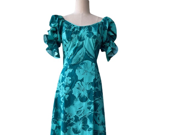 Green Hibiscus Original Print Long Dress from Princess Kaiulani Fashions - Green