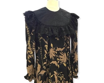 Black with Golden Lei Print Black Lace Trim Hawaiian Muumuu Dress 464