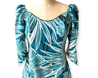 Hawaiian Office Style Tops - Teal Leaf Formal Blouse 286B