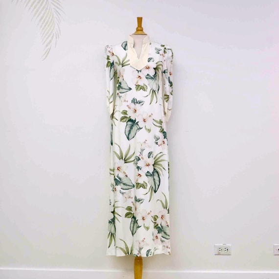 White Velvet Trim Tropical Print Hawaiian Dress