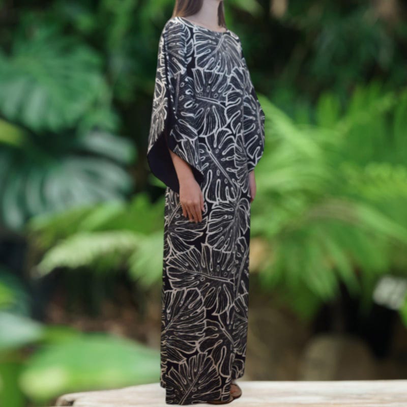 Kimono Sleeve Hawaiian Dress With Slit Design - Blue Palm Leaf 2656