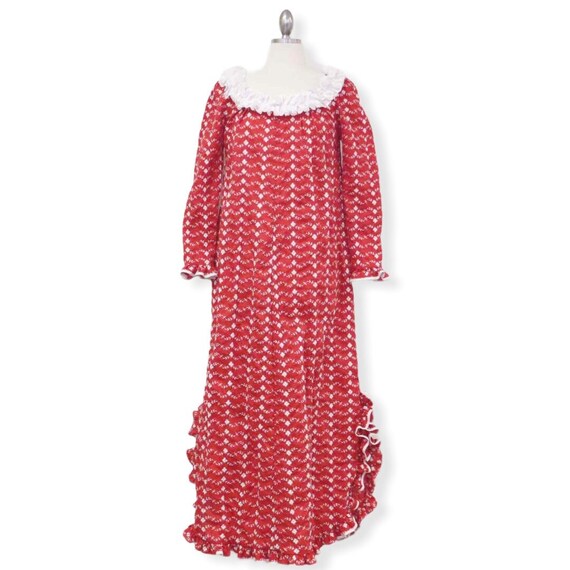 Eyelet Red Long Sleeve Muumuu Dress with Lace Trim | Vintage Style