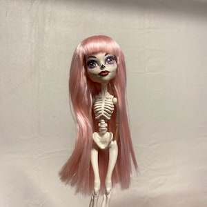 May include: A doll with a skeleton body and long pink hair. The doll has a painted face with dark eye makeup and red lipstick. The doll's skeleton is white, and the hair is a soft pink color.