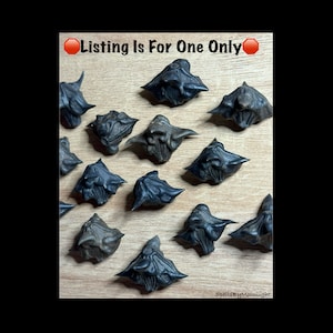 May include: A collection of dark gray water caltrops, also known as buffalo nuts, arranged on a light brown wooden surface. The text "Listing Is For One Only" is visible in the top left corner. The product is from SpellsByMoonlight.