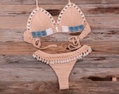 Crochet Handmade Beaded Shell Detail Boho 2 Piece Set Bikini,