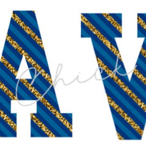 Blau und Gold Streifen Varsity Style Sport Buchstaben und Zahlen PNG Design Datei Bundle für Sublimation, Sticker & Mehr