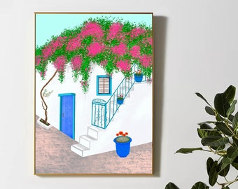 Traditional Greek House With Pink Flowers, Original Printable Wall Art, Santorini Greece Painting, Colorful Wall Art For Living Room, Gift
