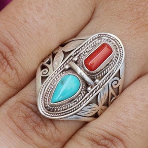 Boho Coral & Turquoise Filigree Ring - 925 Sterling Silver Statement Jewelry - Handcrafted Gemstone Ring - Gift-Worthy Silver Rings