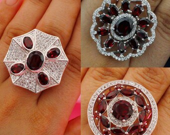 Granat Blumen Edelstein Silber Cocktail Ringe-Statement Edelstein Ringe-Ovale Ringe-925 Silber Ringe-Rote Edelstein Ringe-Verlobungsringe