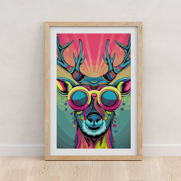 Psychedelic Rainbow Deer Sunglasses Poster - Vibrant, Trippy, Antlered Animal Satin Paper Wall Art for Home, Nursery, Office, + Bold Spaces
