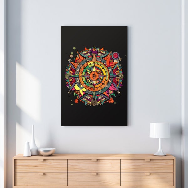 Mystical Psychedelic Ancient Compass Satin Poster - Visionary Navigation Wall Art for Cosmic Explorers