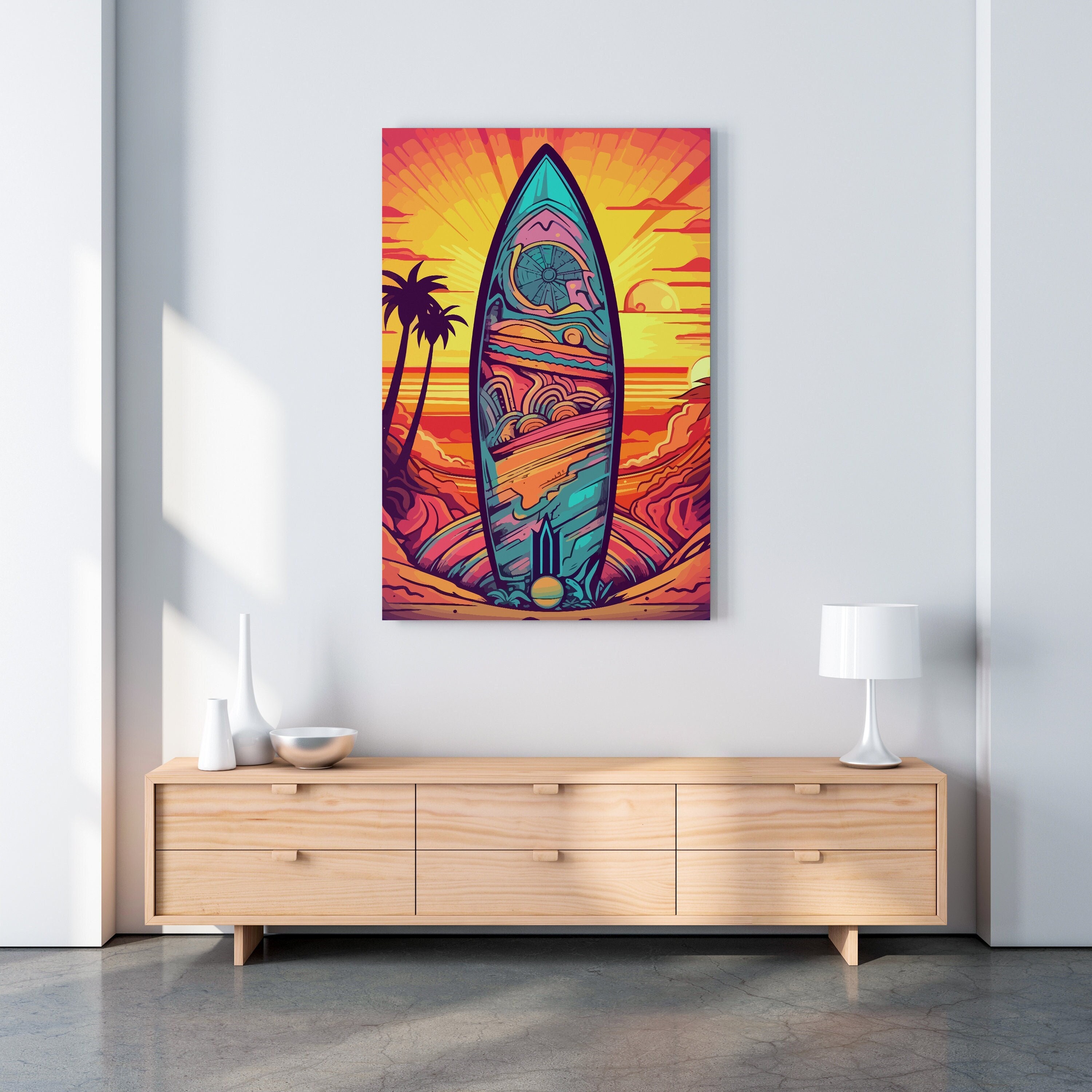 Psychedelic Surfboard in the California Sunset Satin Poster