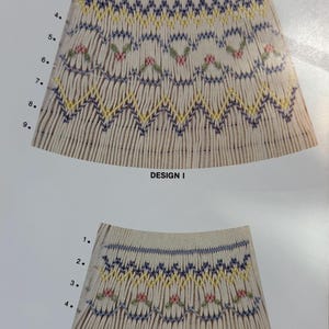 May include: Two skirt designs are shown, labeled Design I and Design II. Both are beige with blue, yellow, and pink embroidered patterns. The text "JENNIFER (Sew Easy)" is visible. Copyright information is also present.
