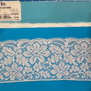 May include: White lace trim with a floral design on a blue background. The label indicates the trim is made in France and is 90% cotton and 10% nylon. The trim is 45.6 yards long.