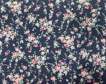 Navy Blue Floral Pima Cotton Lawn Fabric, 100% Cotton Sold By The Half Yard