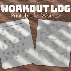 May include: Printable workout log for women, with a section on how to exercise during each phase of the menstrual cycle. The log includes sections for date, weight, phase, MFL, focus, activity, weight, reps, sets, and notes.