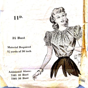 Vintage 1940s blouse top sewing pattern Blackmore 7383 bust 34, pdf download, UK seller BethToTheNines