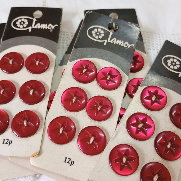 Glamor vintage cards of red plastic buttons, star shape two holes, 1970s clothing, craft, sewing, haberdashery, costume, UK BethToTheNines