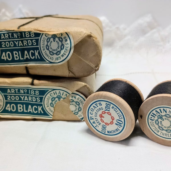 Vintage package of black 40 J & P Coat's cotton thread on wooden reel spool for crafting, sewing, haberdashery, UK seller BethToTheNines