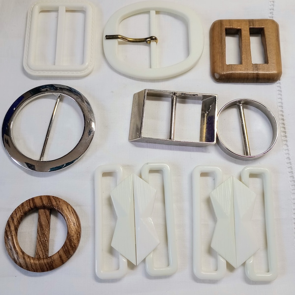 Vintage buckles silver, white and wood for knitwear, sewing, metal, wood plastic, 9, collectors haberdashery, UK seller BethToTheNines