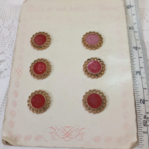 RARE Vintage French gold coloured metal and red plastic buttons, 1930s clothing, craft, sewing, haberdashery, costume, UK BethToTheNines