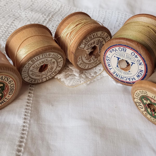 Five Vintage wooden cotton reels Coats, silk spool for crafting, sewing, display, collectors haberdashery, UK seller BethToTheNines