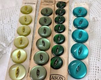 Vintage Jason brand green & blue button card, emerald, fish eye sew through,for clothing, craft, sewing, haberdashery, costume BethToTheNine