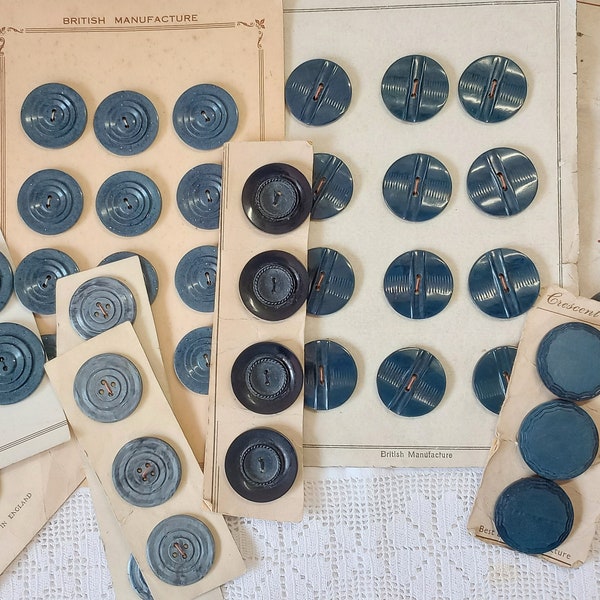 Blue, air force blue, rare buttons on original cards, vintage, sewing, haberdashery, knitting, costume, reenactment 1930s to 50s, UK seller