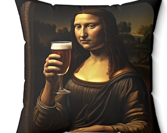 Mona Lisa Square Pillow, Mona lisa Holding A Beer, Mona lisa Portrait Painting Davinci, Mona Lisa Art Print Home Decor, Contemporary Art