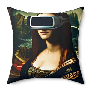Mona Lisa Square Pillow, Mona Lisa Wearing A VR Headset, Mona Lisa Portrait Painting Davinci, Mona Lisa Art Print Home Decor, Contemporary