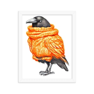 Cute Crow Art Poster , Raven Bird Art Print, Scarecrow Bird Prints, Crow In A Yellow Jumper, Crow Art Framed Poster