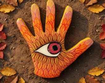 Oeil aveugle à la main Art en résine • Décoration murale géométrique sacrée • Talisman de protection spirituelle • Bois peint visionnaire