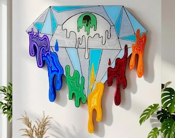 Diamant Fondant • Œil Fondu Original en Résine et Bois Recyclé • Sculpture Murale Pop Surréaliste et Psychédélique • Œuvre Visionnaire de Géométrie Sacrée