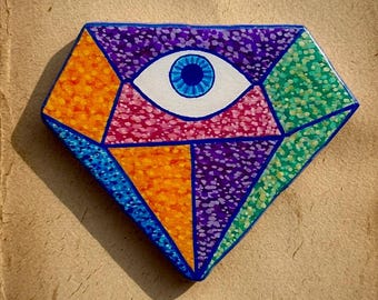 Diamant minuscule et lumineux • Tableau pointilliste en résine représentant le troisième œil • Peinture originale de géométrie sacrée sur bois recyclé • Mini-œuvre d'art visionnaire