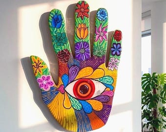 Art mural floral main Hamsa | il qui voit tout | Bois de récupération peint | Symbole sacré en résine | Décoration spirituelle bohème | Protection et intuition