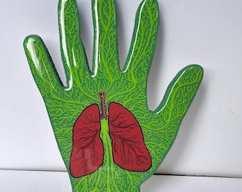 Handmade Acrylic Painting on Reclaimed Wood: Lungs on Hand Art, Resin Coated Wall Decor