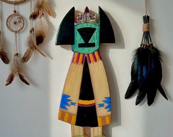 Peinture acrylique faite main en bois de kachina avec finition en résine, art mural sud-ouest