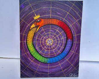 Impression d'art montée sur bois Serpent arc-en-ciel Ouroboros, bords dorés métalliques, prête à accrocher, décoration murale