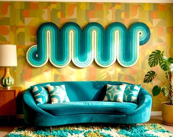 Décoration murale rétro effet vagues • Peinture en résine inspirée des années 1970 sur bois recyclé • Décoration bohème moderne du milieu du siècle • Œuvre d'art vintage originale