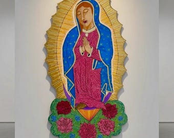 Notre-Dame de Grace oeuvre d'art en résine sur bois de récupération • Sanctuaire mural catholique de la Vierge Marie
