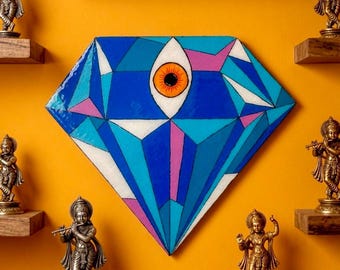 Peinture acrylique diamant bleu sur bois de récupération avec finition en résine • Troisième œil
