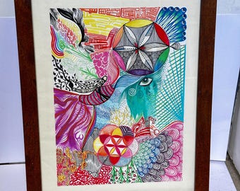 Aquarelle originale, décoration murale encadrée d'art coloré fait main psychédélique