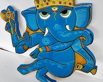 Cuadro artesanal de madera reciclada • Decoración de pared con la imagen de Ganesha, deidad hindú • Acabado de resina