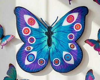 Papillon aux yeux omniscients • Œuvre murale originale en bois de récupération découpé à la main • Peinture visionnaire en résine • Décoration du troisième œil • Œuvre d'art spirituelle