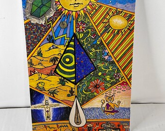 Impression d'art tarot du soleil • Pyramide fleurs du désert vignes oeuf d'or méditer chat décoration murale colorée